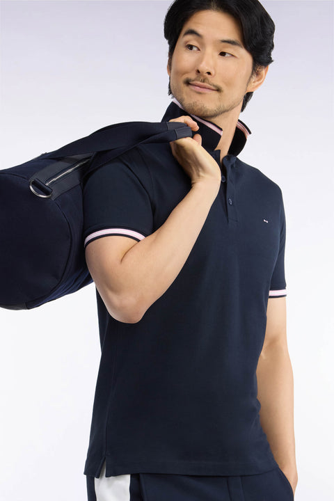 Short-sleeved polo shirt in navy cotton pique straight cut - Image 1