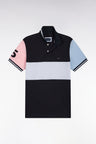 Short-sleeved polo shirt in navy cotton piqué with straight cut cutout