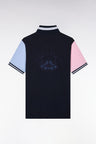 Short-sleeved polo shirt in navy tricolor cotton with back embroidery, straight cut