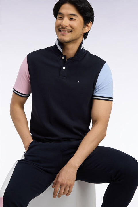 Polo manches courtes en coton tricolore marine broderie dos coupe droite - Image 1