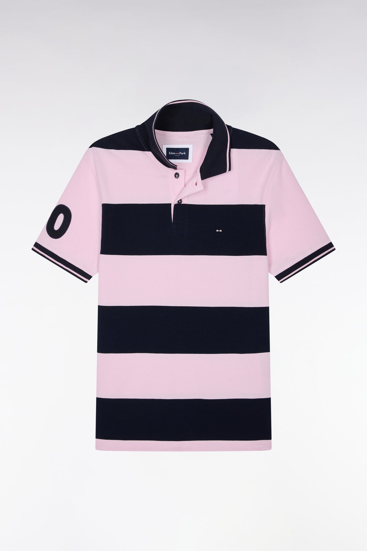 Polo manches courtes à rayures rugby roses et marine coupe droite