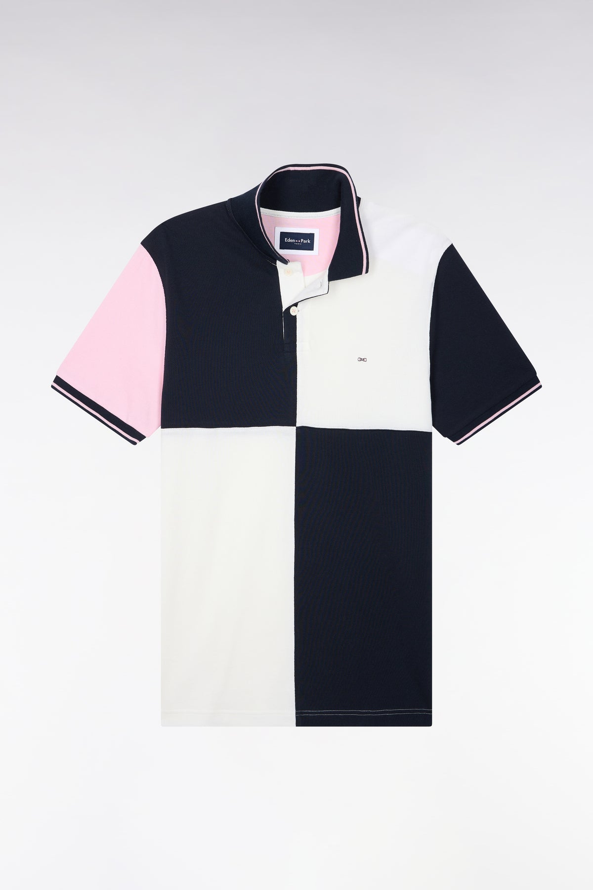 Polo manches courtes en piqué de coton tricolore à découpes écru coupe droite
