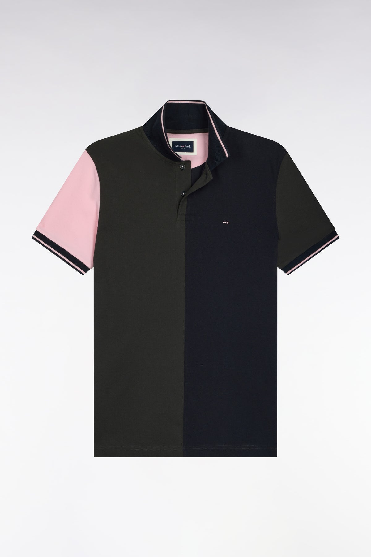 Polo manches courtes à découpes marine et kaki coupe droite