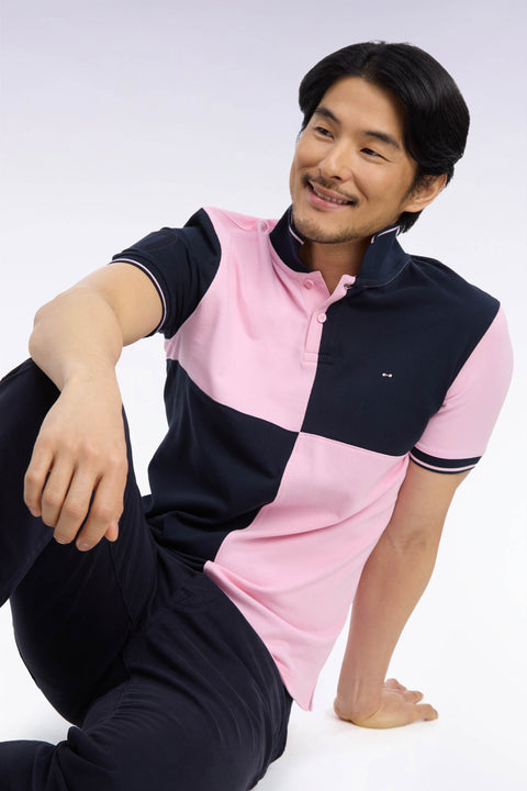 Polo manches courtes en coton marine et rose coupe droite - Image 1