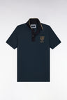 Short-sleeved polo shirt in blue gray cotton pique with straight cut badge