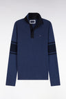 Long-sleeved polo shirt in blue and navy cotton pique straight cut