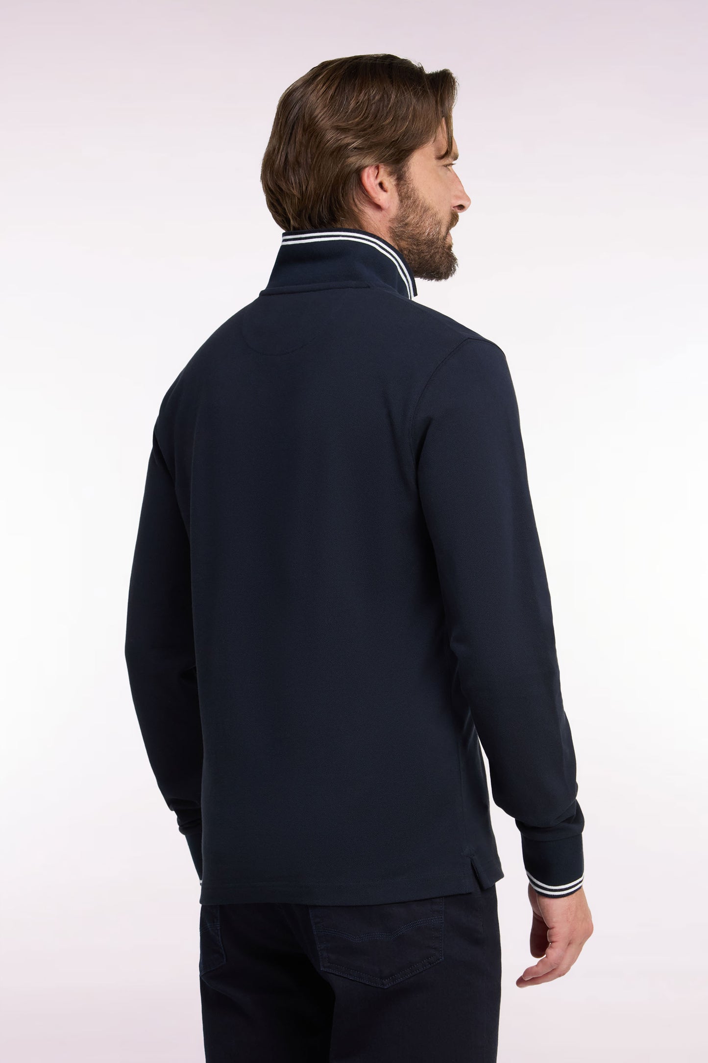 Polo manches longues en piqué de coton peigné marine coupe droite