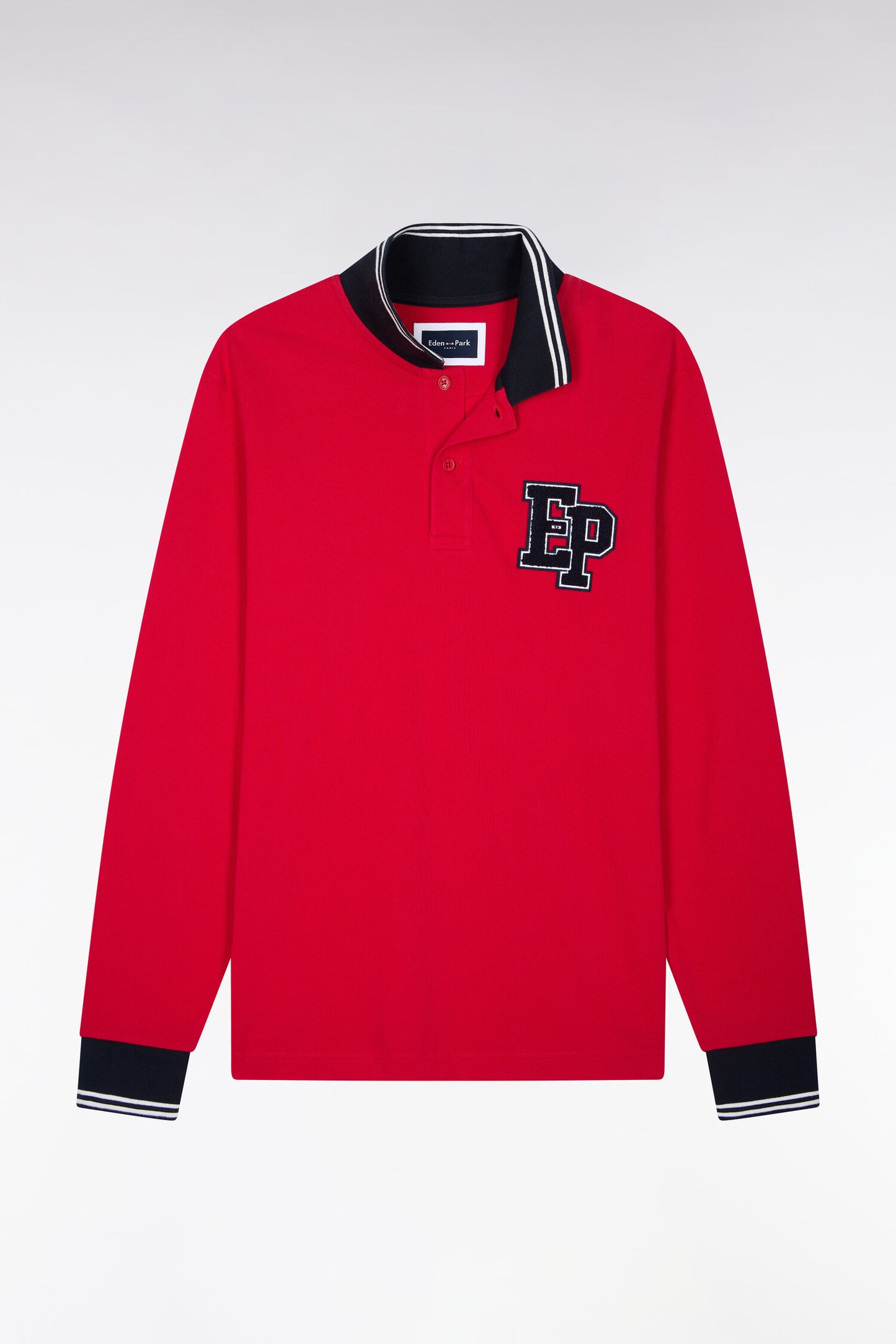 Polo manches longues en piqué de coton peigné rouge coupe droite