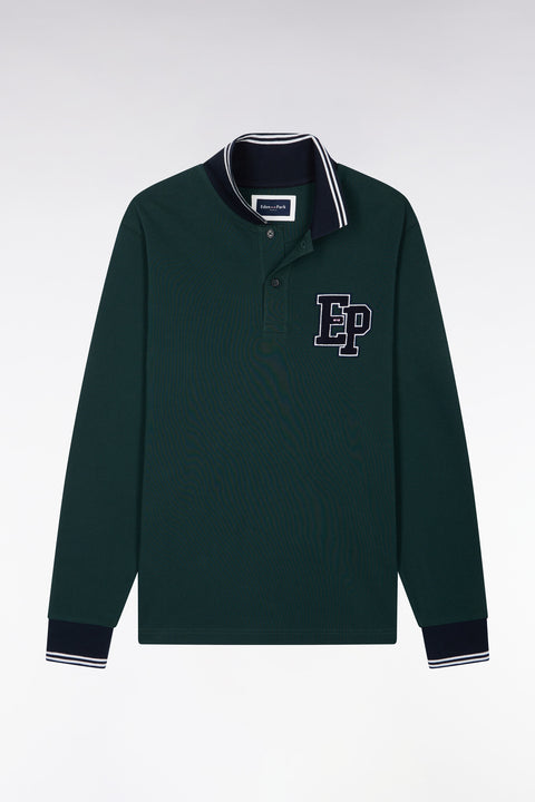Polo manches longues en piqué de coton peigné vert foncé coupe droite - Image 2