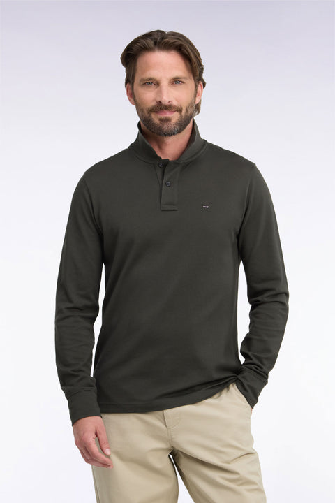 Long-sleeved straight-cut khaki Pima cotton polo shirt - Image 3