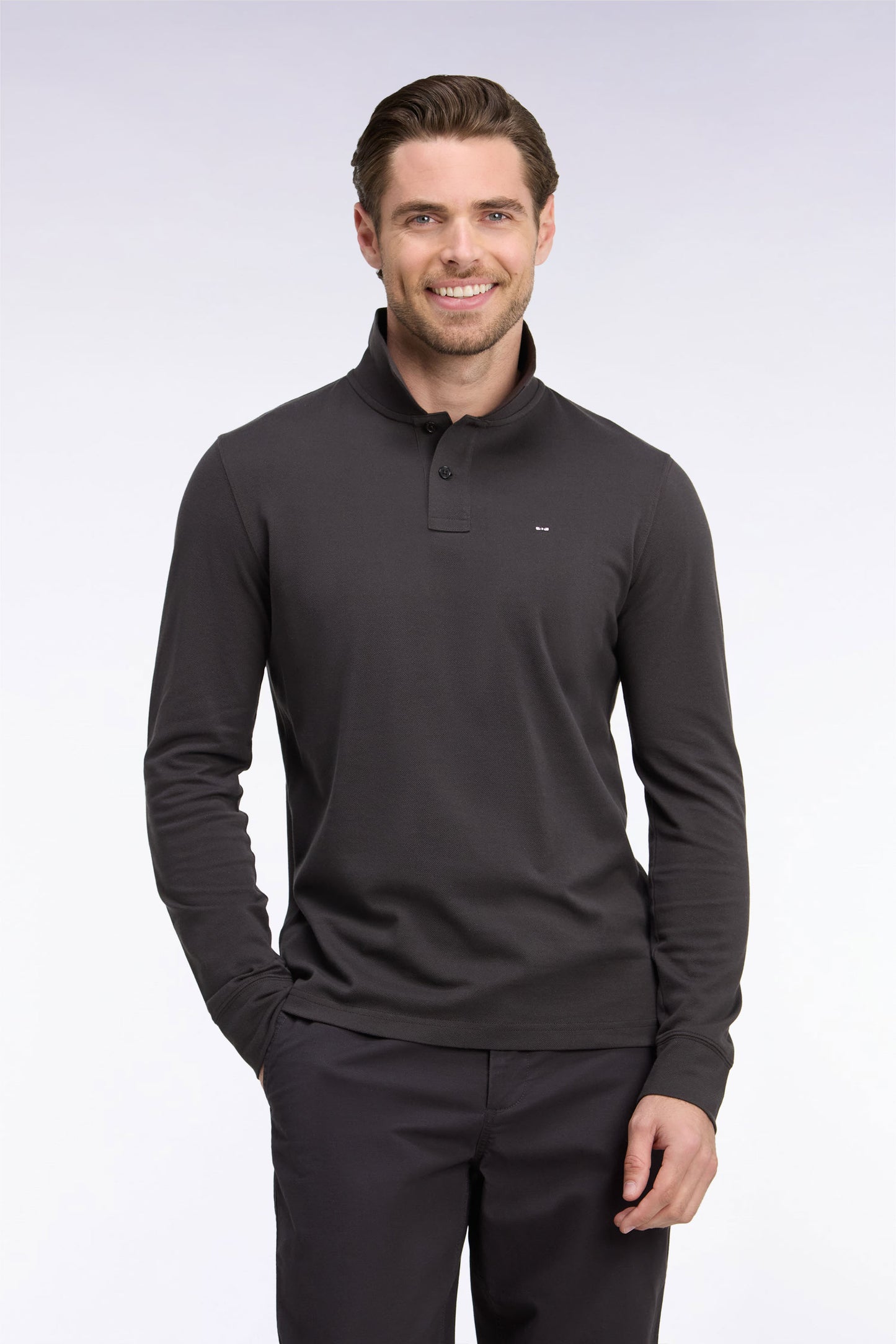 Long-sleeved polo shirt in dark brown Pima cotton, straight cut