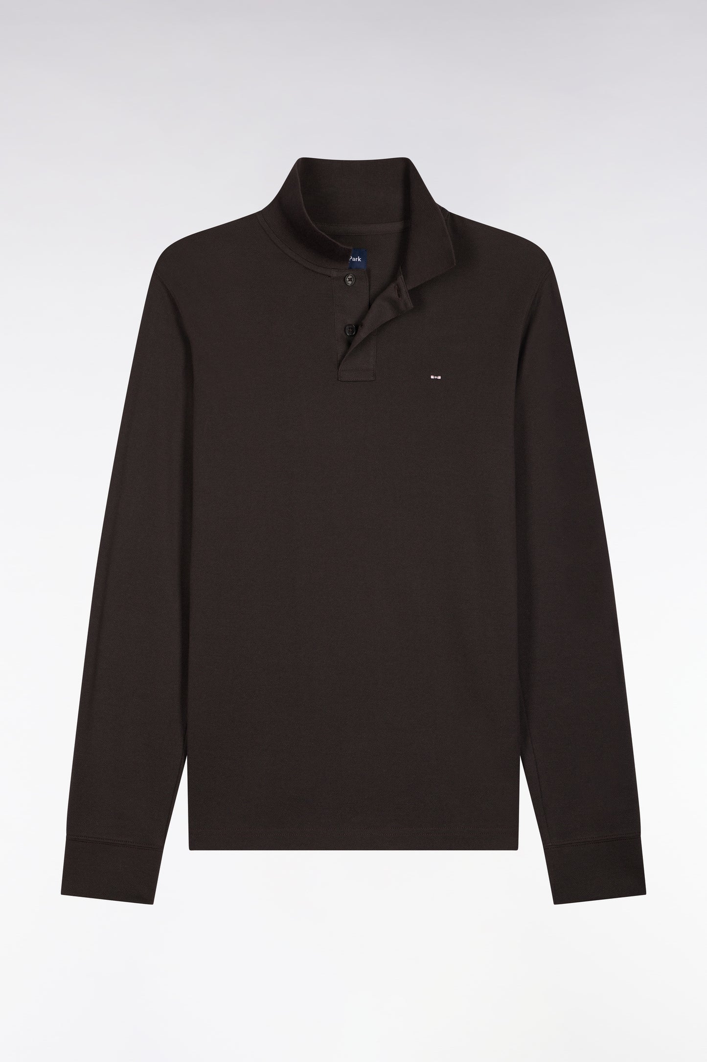 Long-sleeved polo shirt in dark brown Pima cotton, straight cut