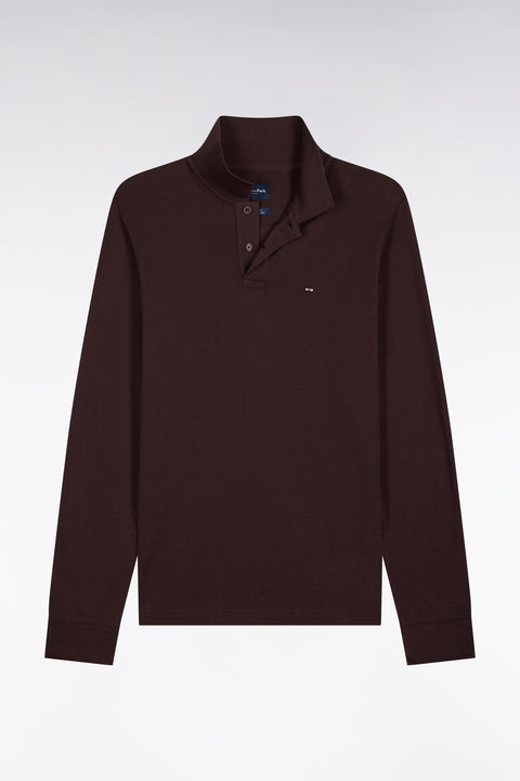 Polo manches longues en coton Pima marron coupe droite - Image 2