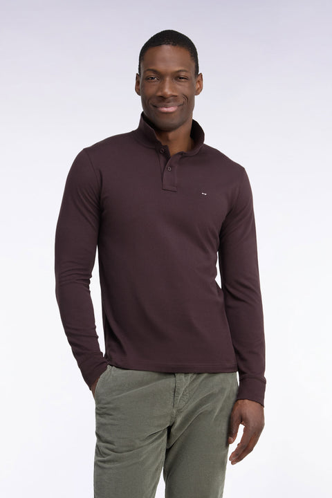 Polo manches longues en coton Pima marron coupe droite - Image 3