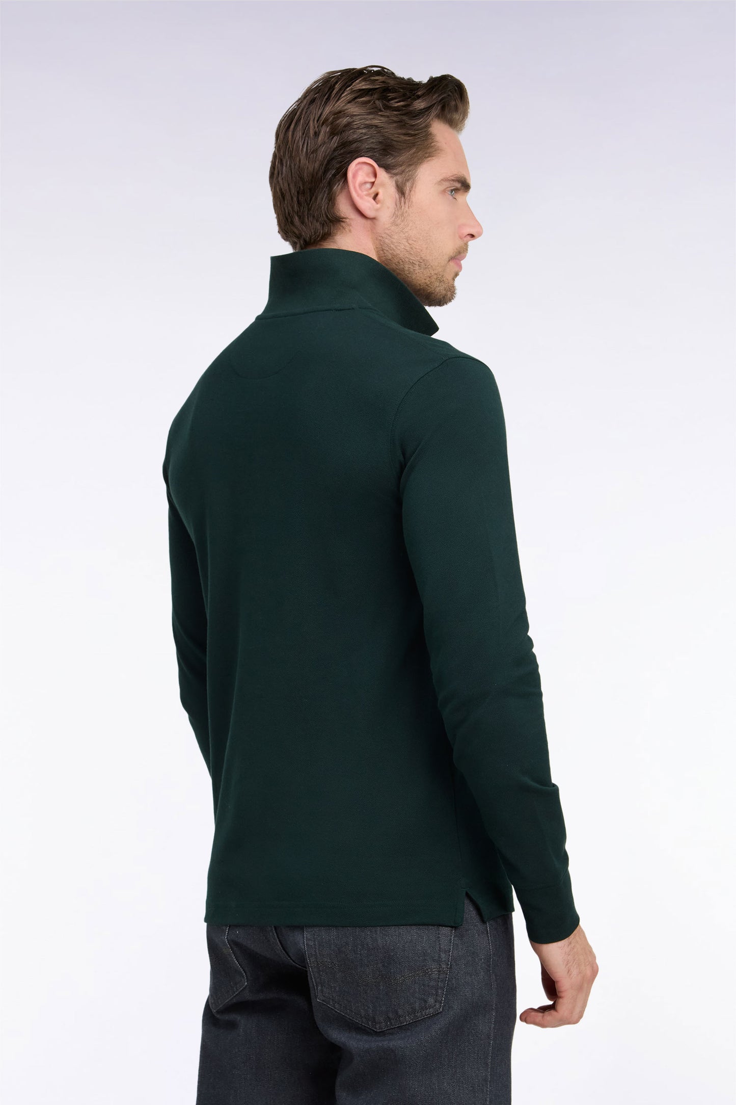 Long-sleeved polo shirt in dark green Pima cotton, straight cut