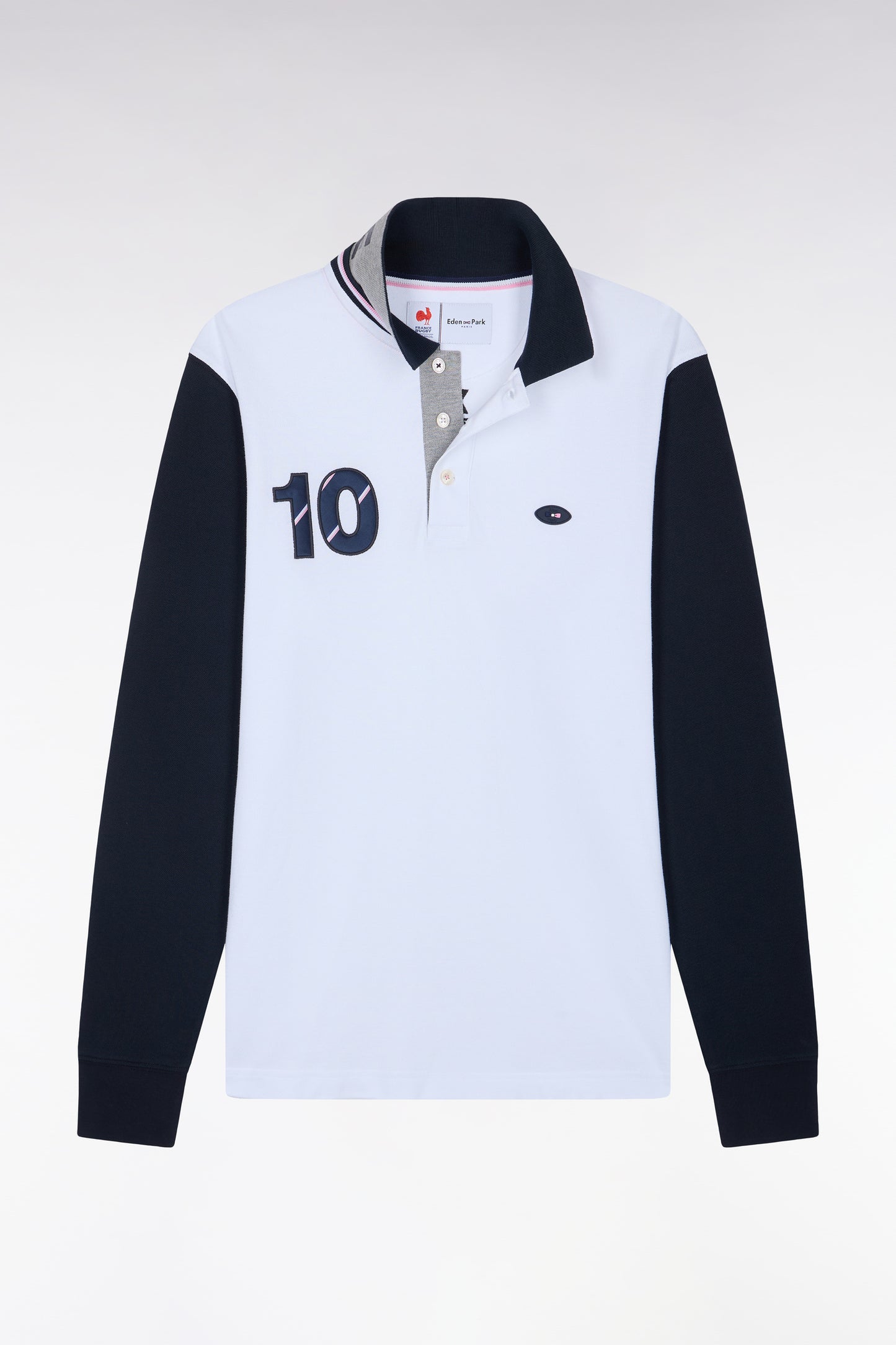 Polo à manches longues en piqué de coton peigné bicolore blanc XV de France