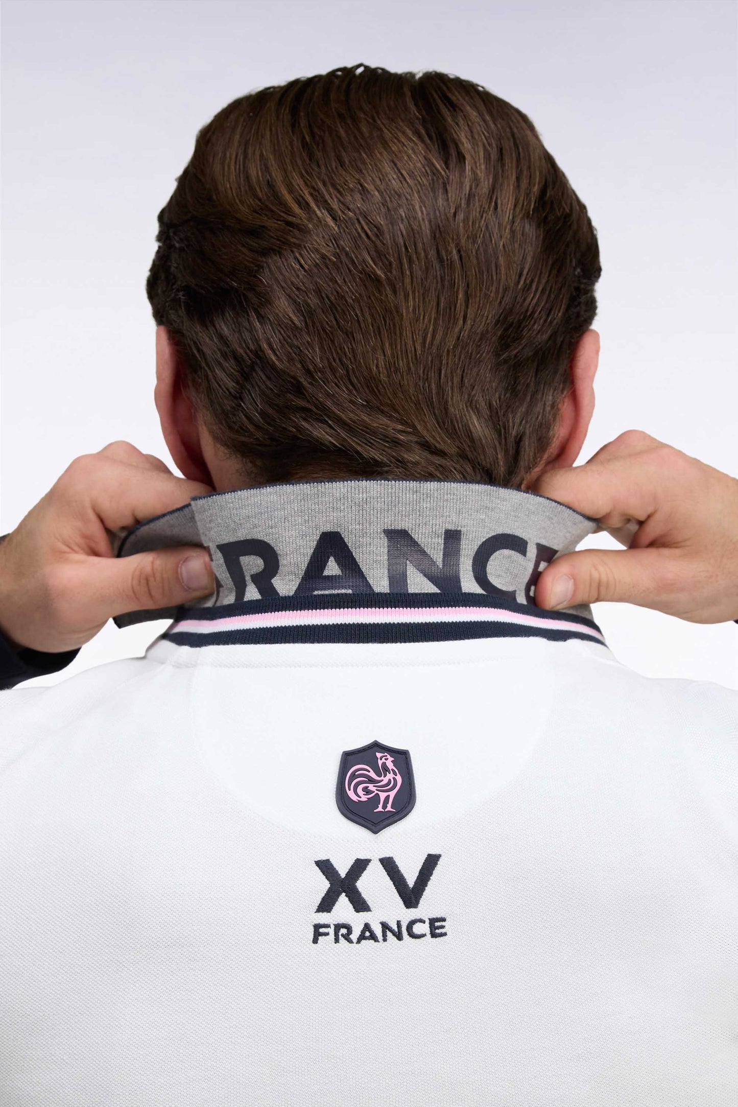 Polo à manches longues en piqué de coton peigné bicolore blanc XV de France