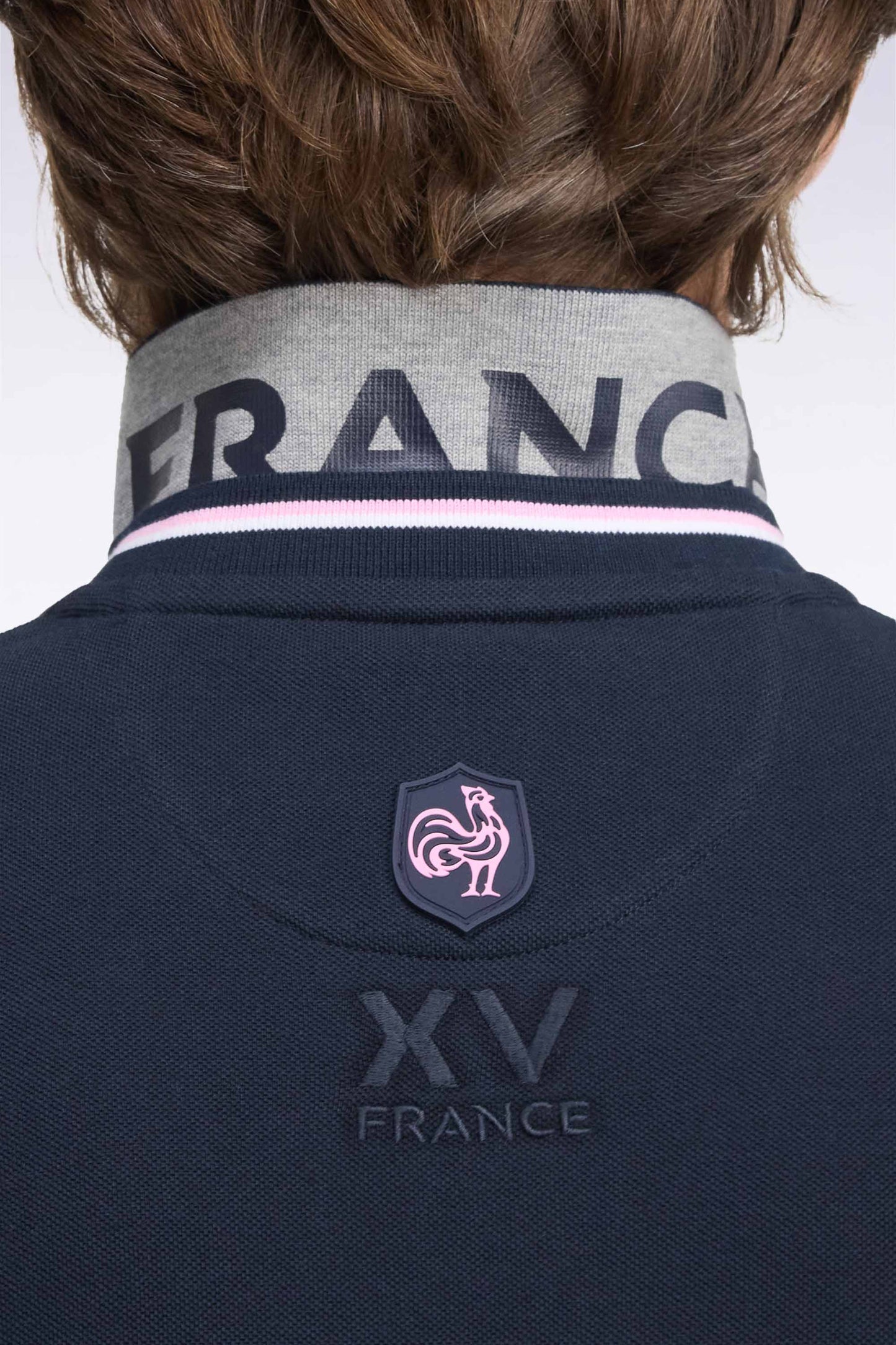 Polo à manches longues en piqué de coton peigné bicolore marine XV de France
