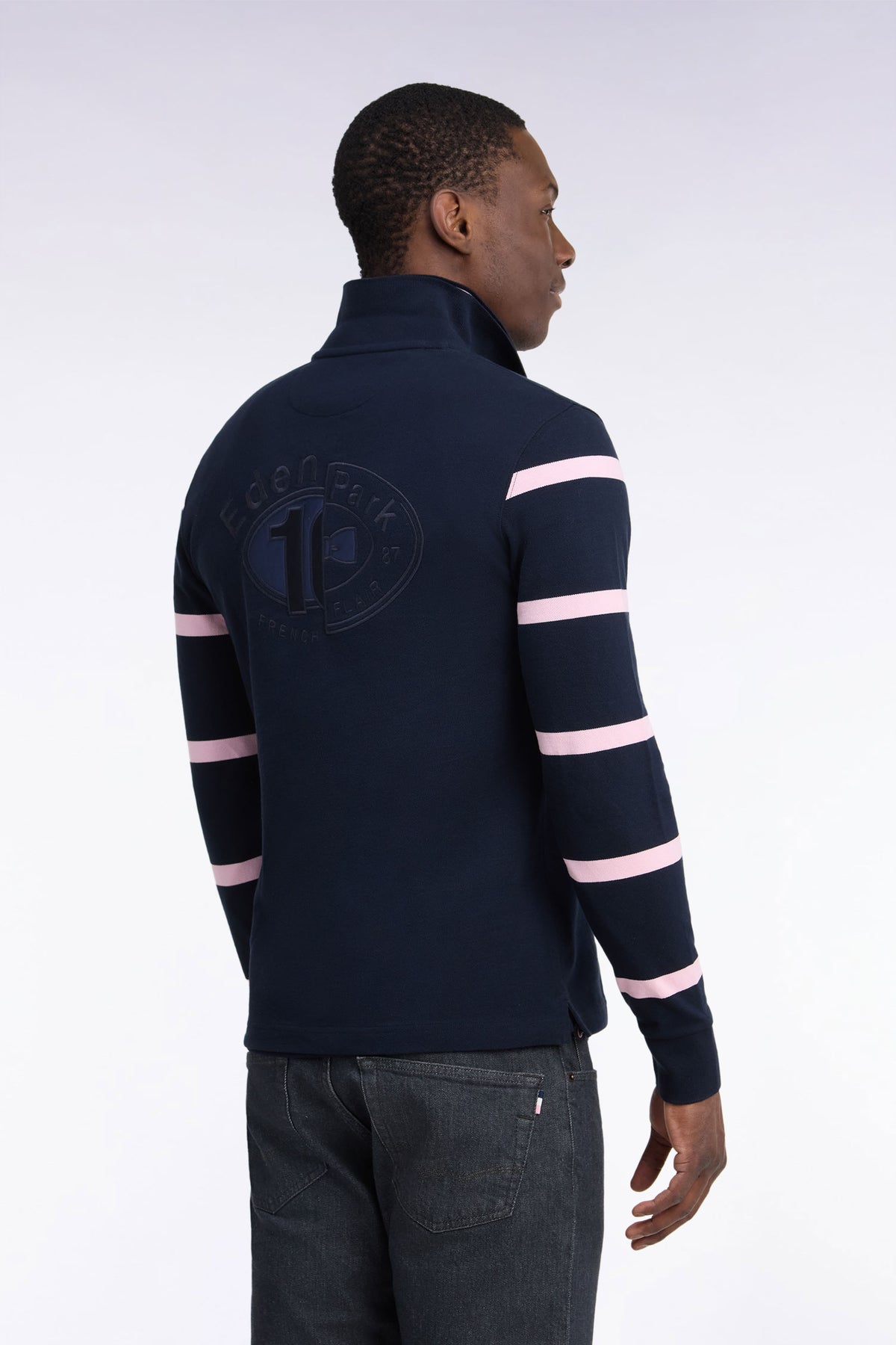 Long-sleeved striped polo shirt in navy cotton pique straight cut