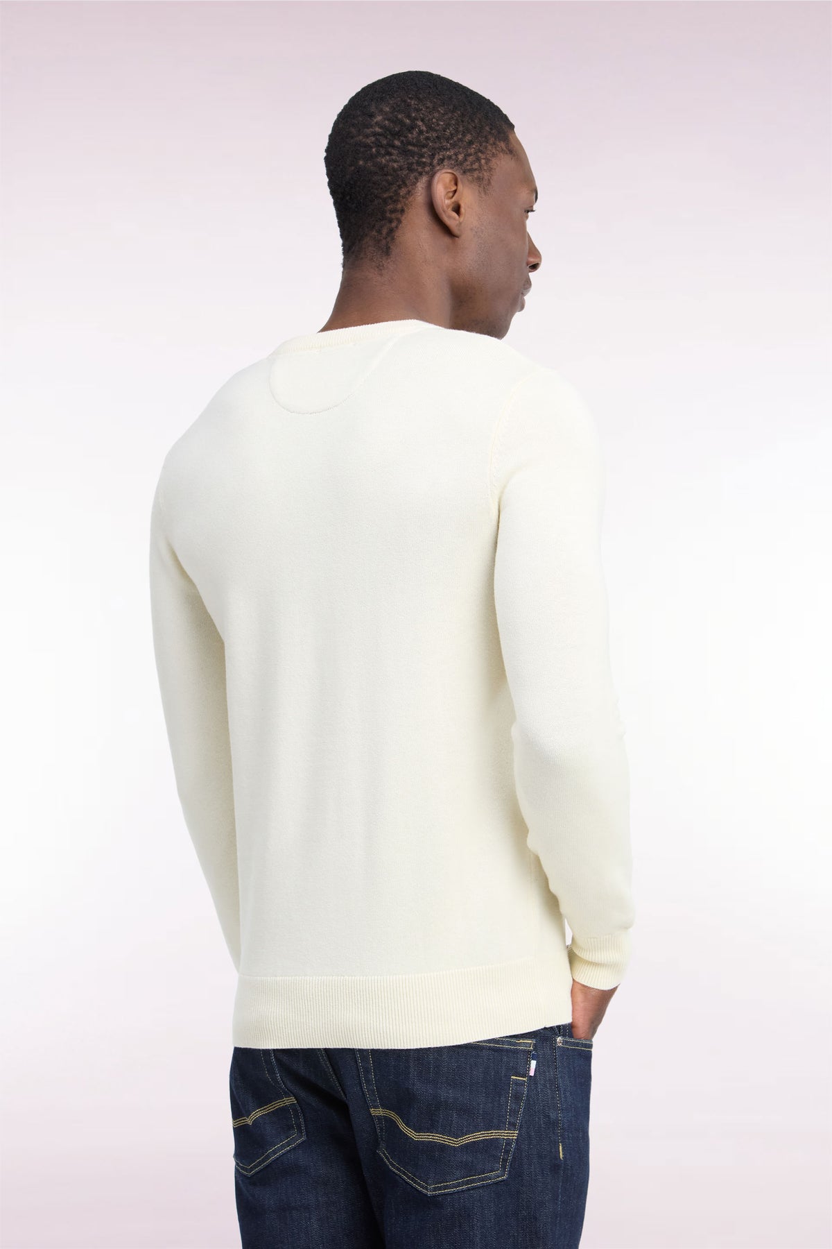 Round neck sweater in ecru wool and cotton, straight cut