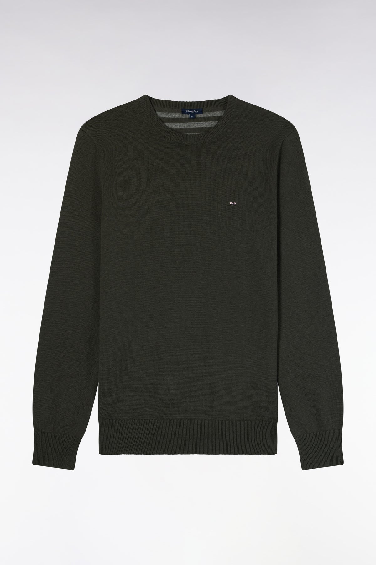 Round-neck straight-cut khaki wool and cotton sweater