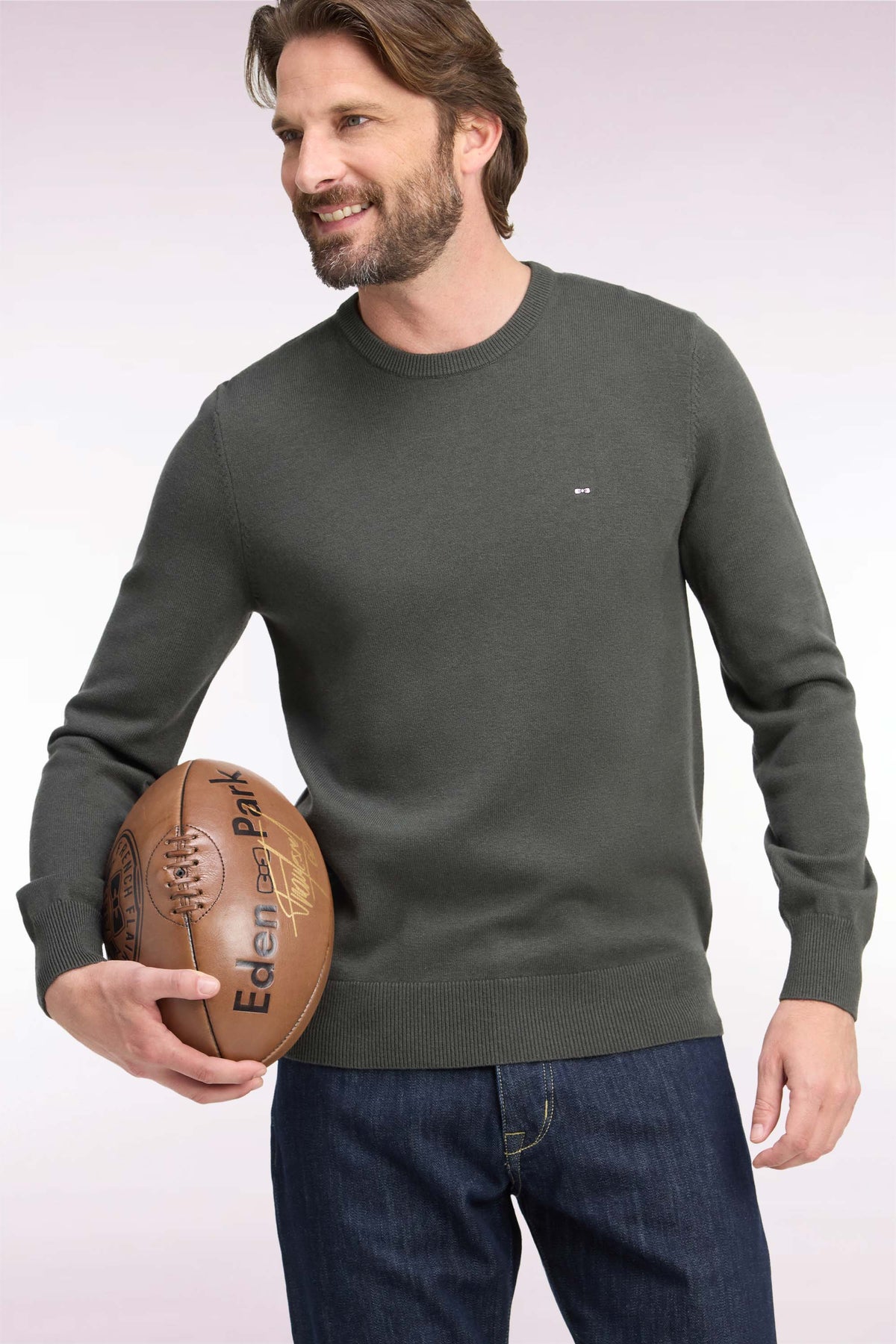 Round-neck straight-cut khaki wool and cotton sweater