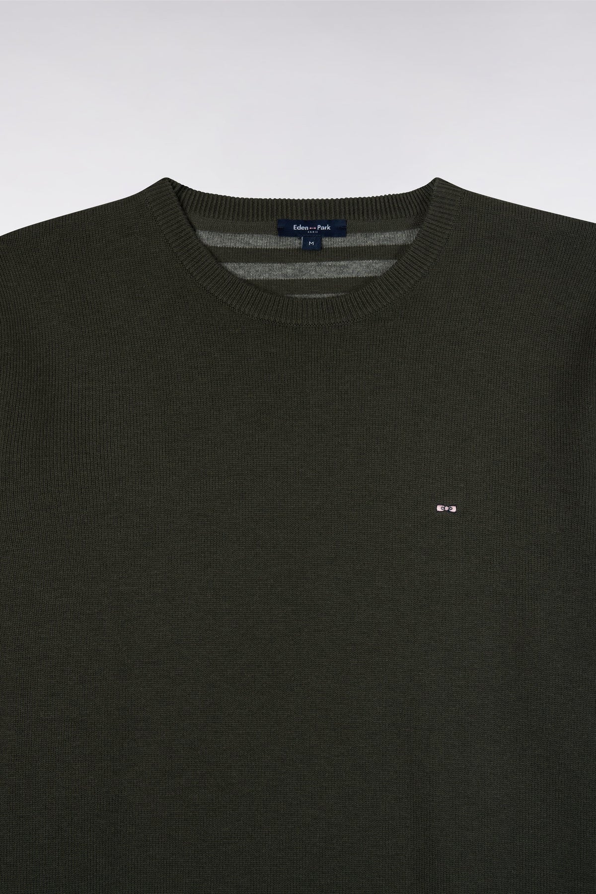 Round-neck straight-cut khaki wool and cotton sweater