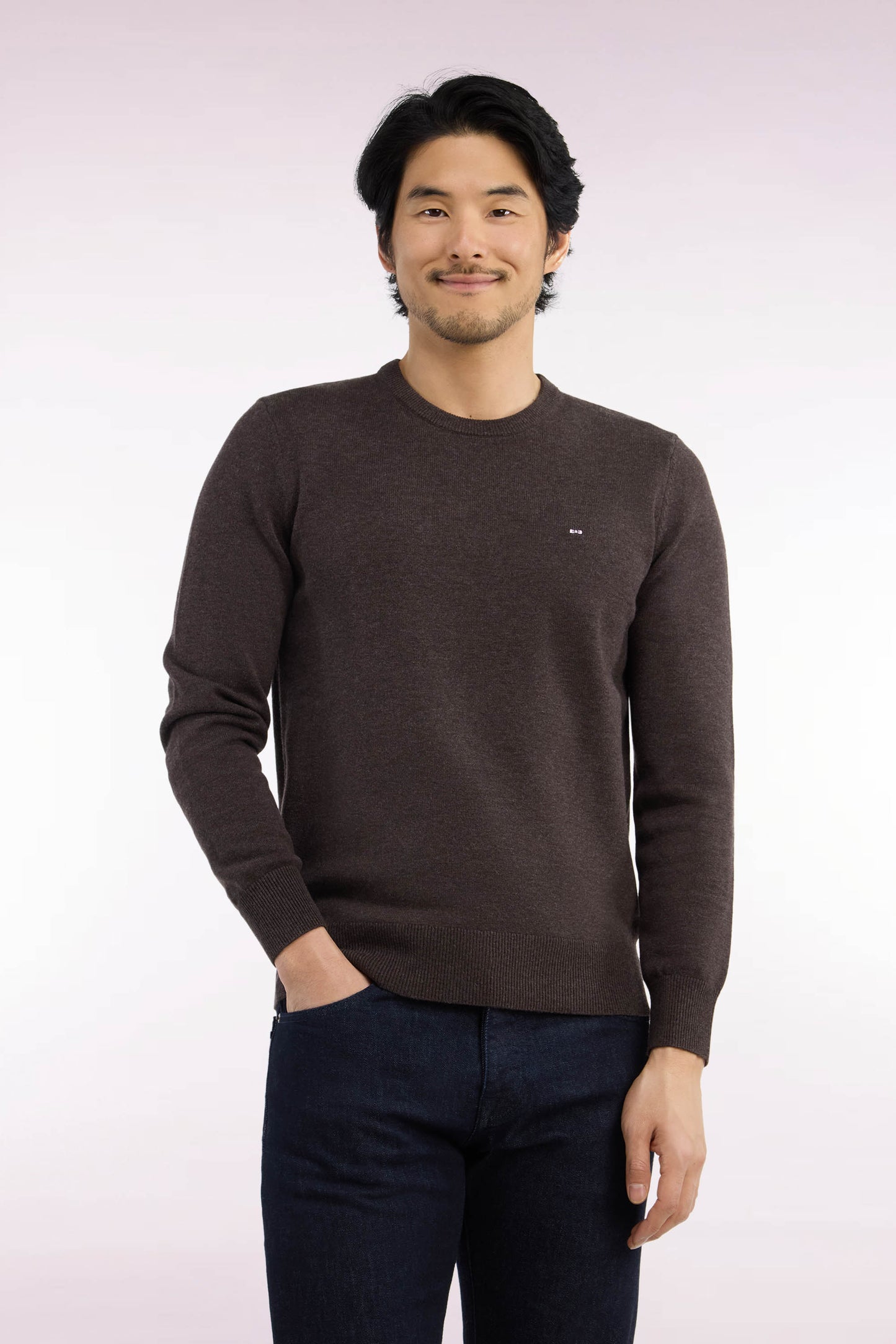 Pull col rond en laine et coton marron coupe droite
