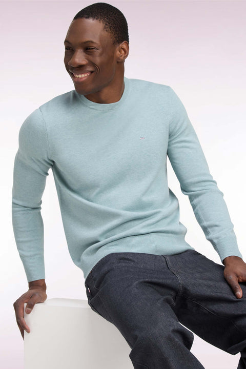 Round neck sweater in water green wool and cotton, straight cut - Image 1