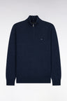 Straight cut blue wool and cotton trucker neck sweater