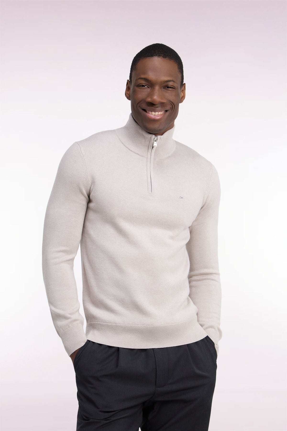Straight cut gray wool and cotton trucker neck sweater