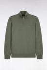 Straight cut olive green wool and cotton trucker neck sweater