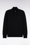 Straight cut black wool and cotton trucker neck sweater