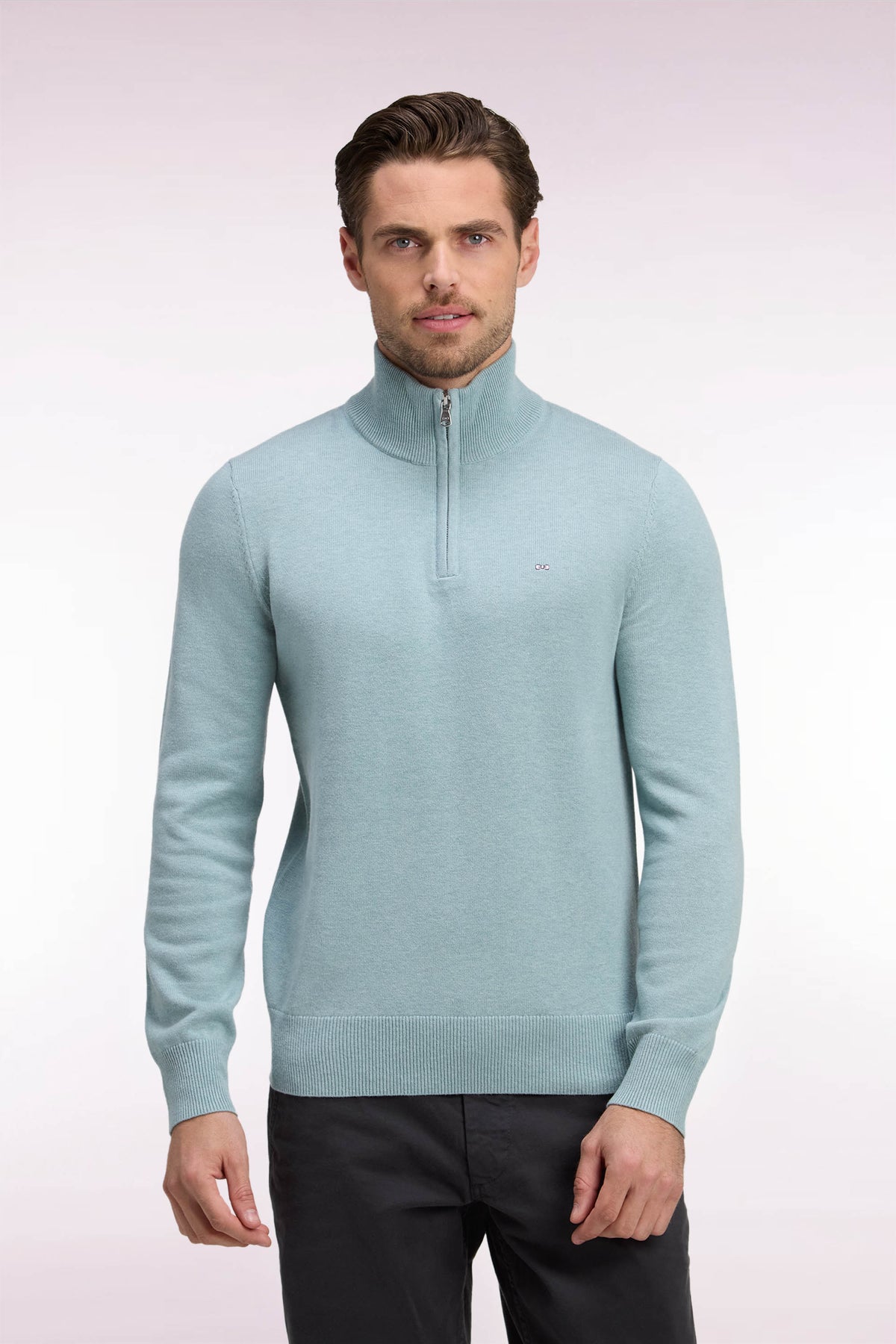 Straight cut water green wool and cotton trucker neck sweater