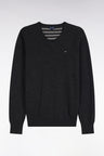 V-neck sweater in dark gray wool and cotton, straight cut