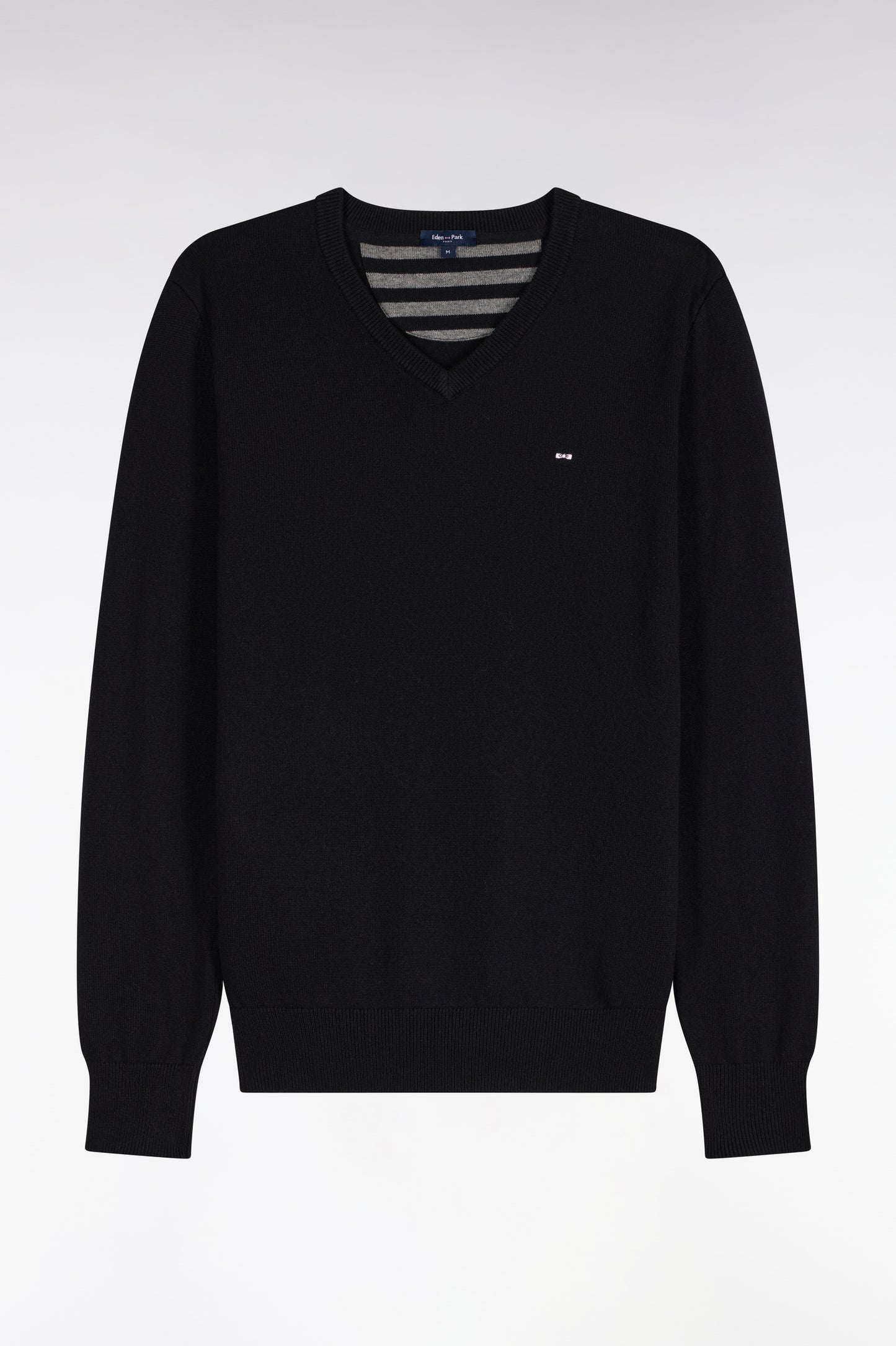 Pull col V en laine et coton noir coupe droite