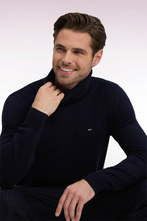 Straight cut navy wool and cotton turtleneck sweater - Image 1