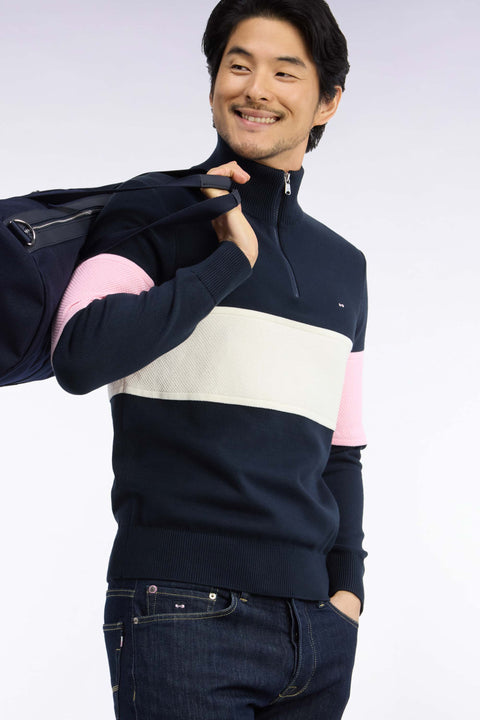 Pull à col camionneur zippé en coton marine à découpe tricolore coupe droite - Image 1