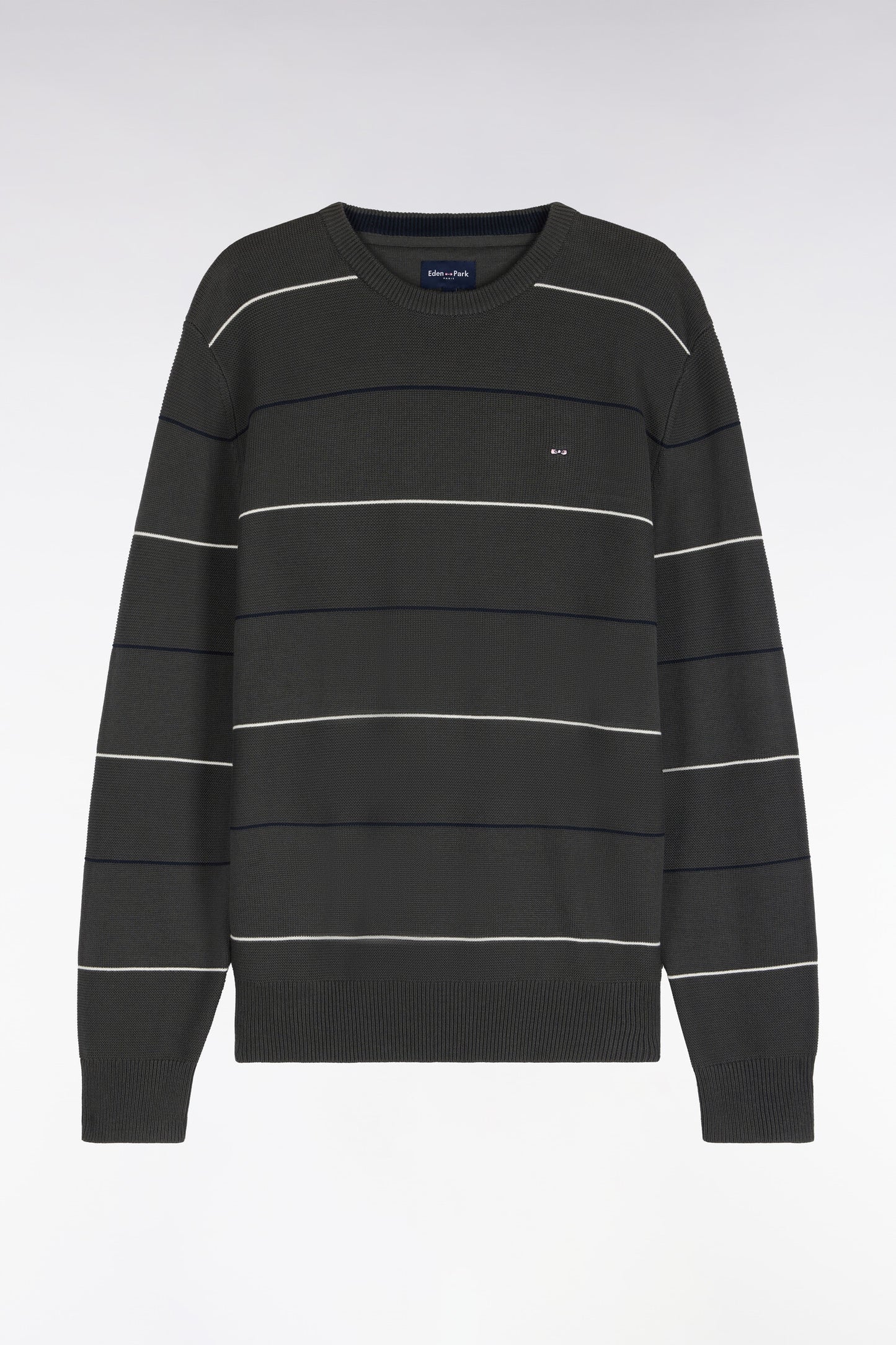 Pull à col rond en coton rayé kaki coupe droite