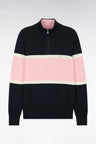 Navy cotton trucker neck sweater with contrast cutouts, straight fit