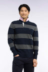 Olive green and navy cotton jersey collar sweater, straight cut