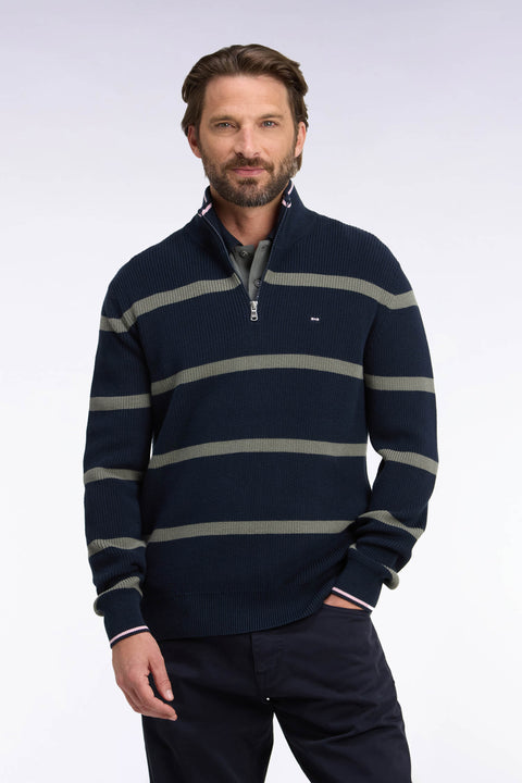 Pull rayé à col camionneur zippé en coton marine et kaki coupe droite - Image 3