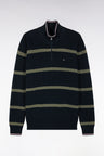 Striped sweater with zipped trucker collar in navy and khaki cotton, straight cut