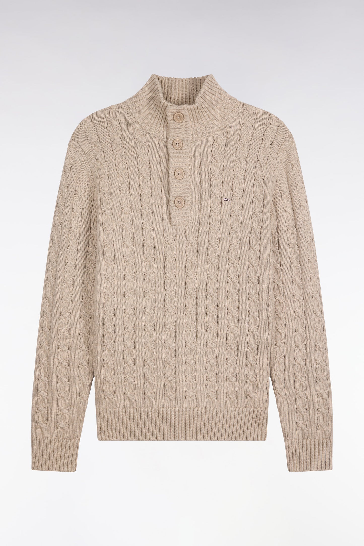 Pull à torsades col boutonné en coton beige coupe droite