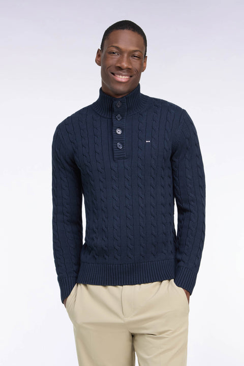 Pull à torsades col boutonné en coton marine coupe droite - Image 3