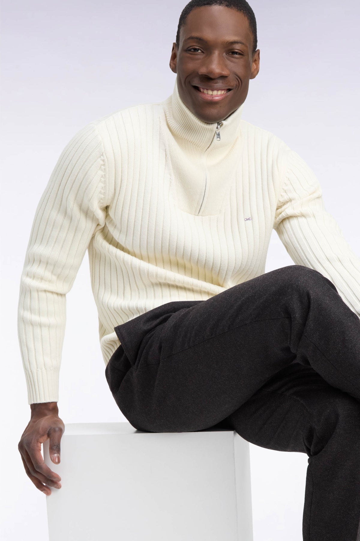Straight cut ribbed ecru wool and cotton trucker neck sweater