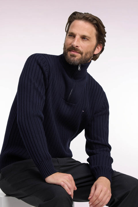 Straight cut ribbed navy wool and cotton trucker neck sweater - Image 1