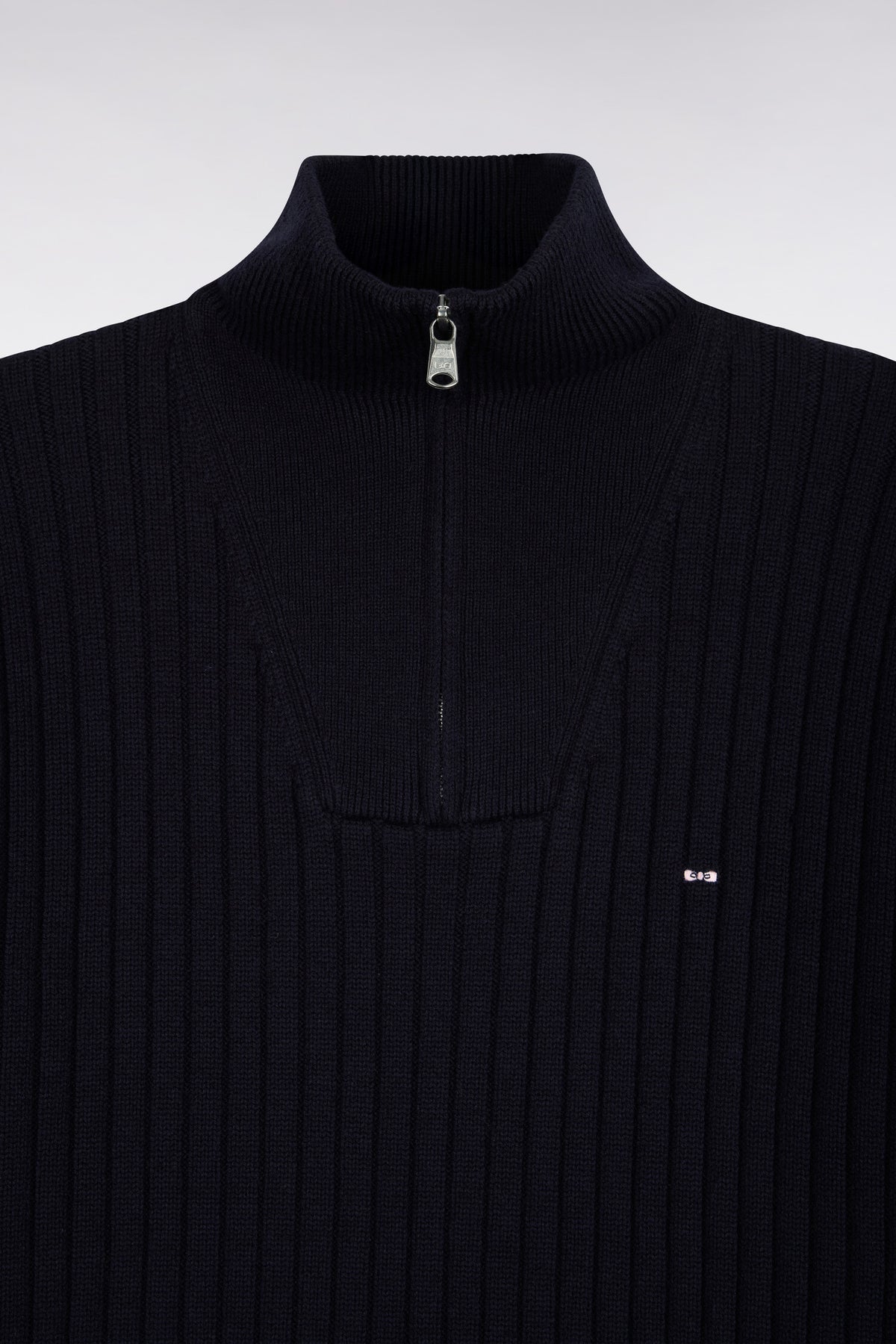 Straight cut ribbed navy wool and cotton trucker neck sweater