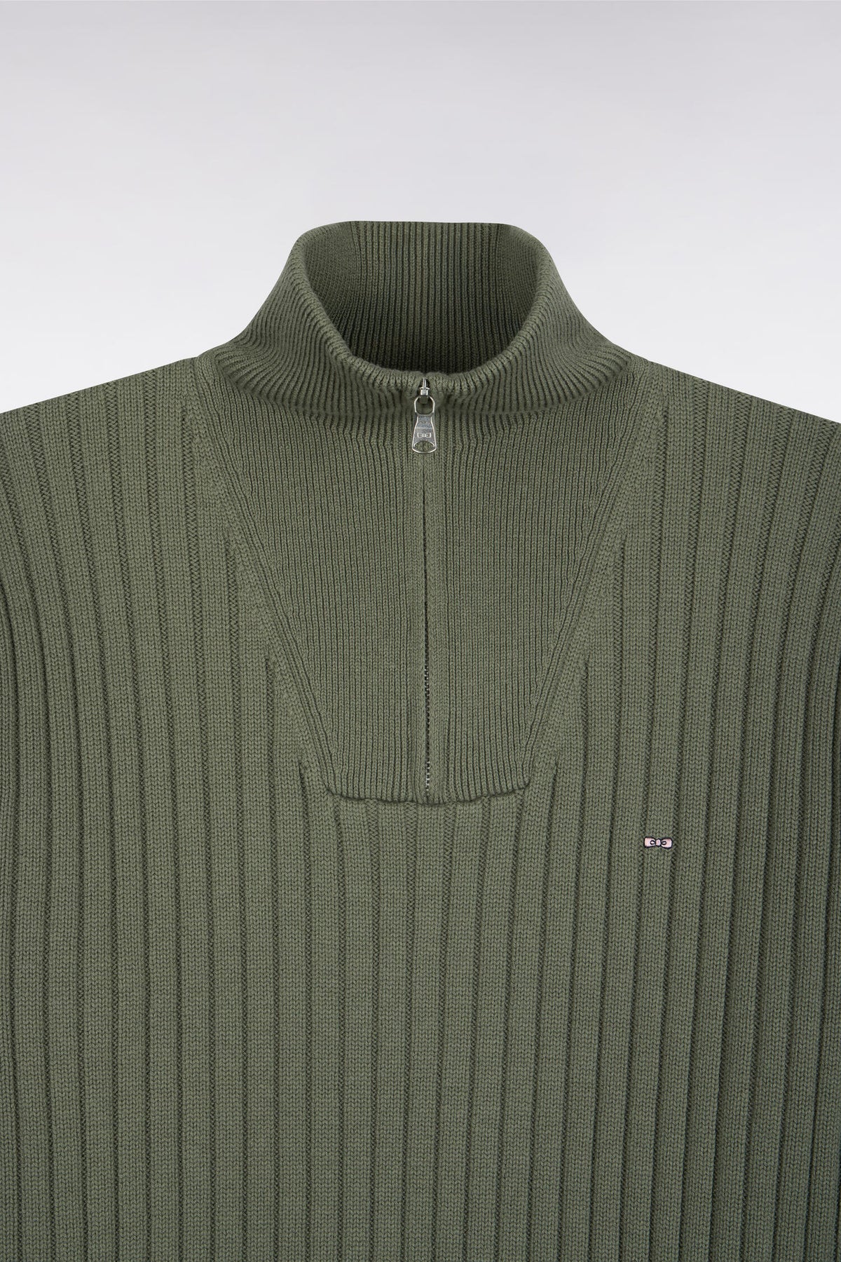 Straight cut ribbed olive green wool and cotton trucker neck sweater
