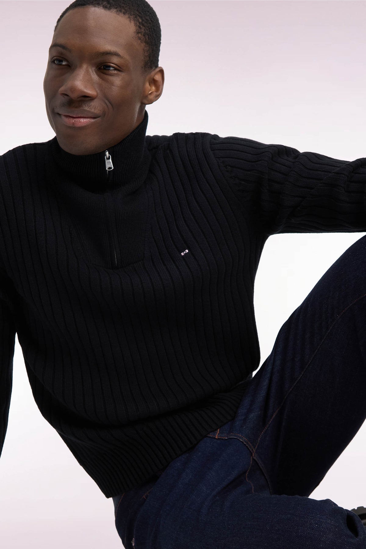 Straight cut ribbed black wool and cotton trucker neck sweater
